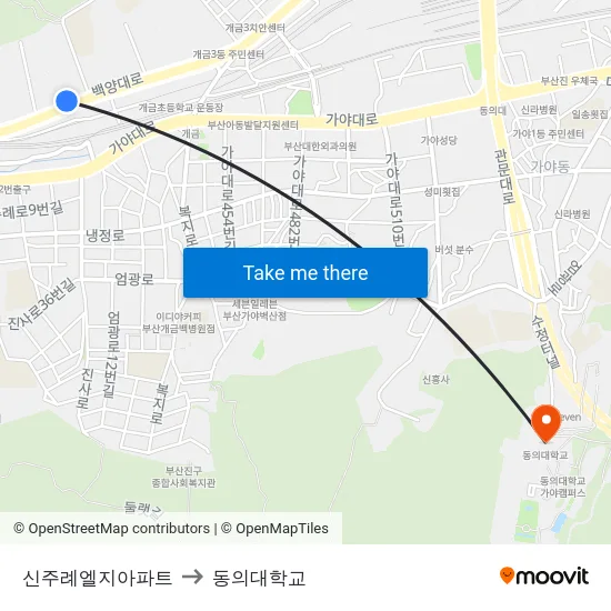 신주례엘지아파트 to 동의대학교 map