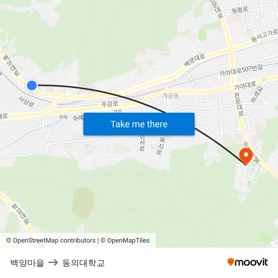 백양마을 to 동의대학교 map