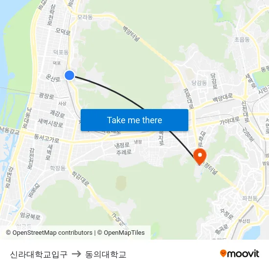 신라대학교입구 to 동의대학교 map