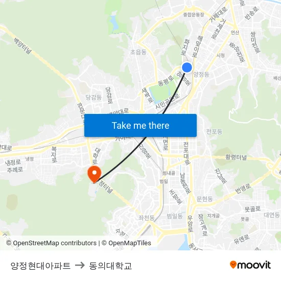 양정현대아파트 to 동의대학교 map