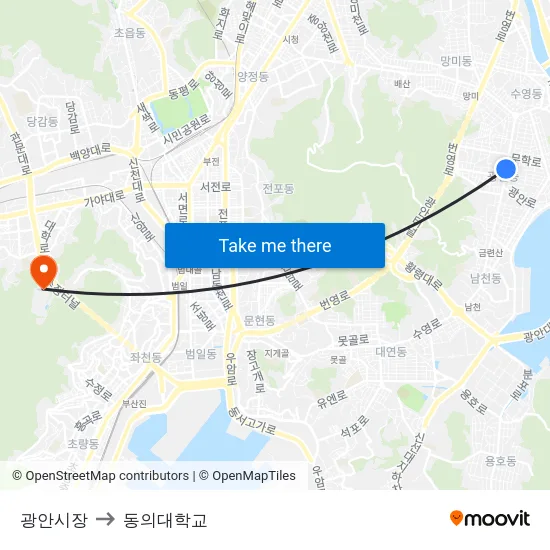 광안시장 to 동의대학교 map