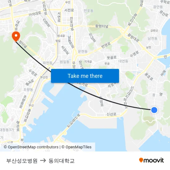 부산성모병원 to 동의대학교 map