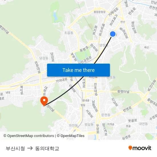 부산시청 to 동의대학교 map