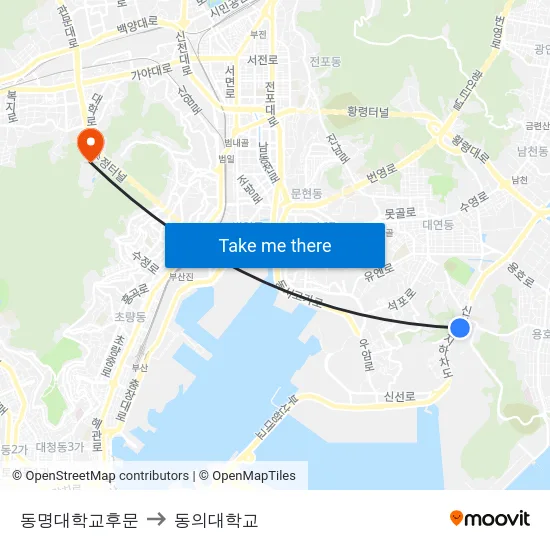동명대학교후문 to 동의대학교 map