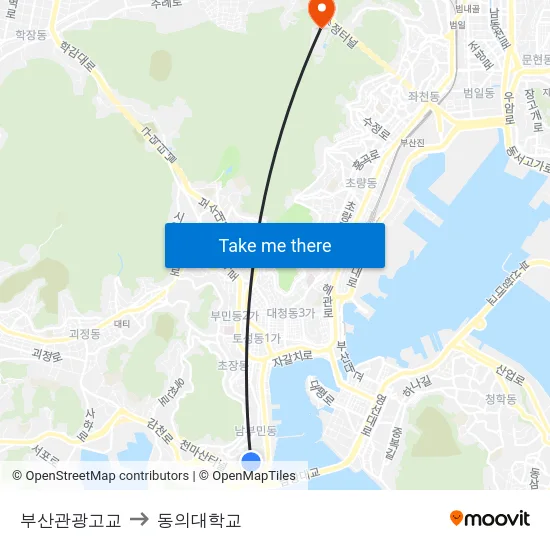 부산관광고교 to 동의대학교 map
