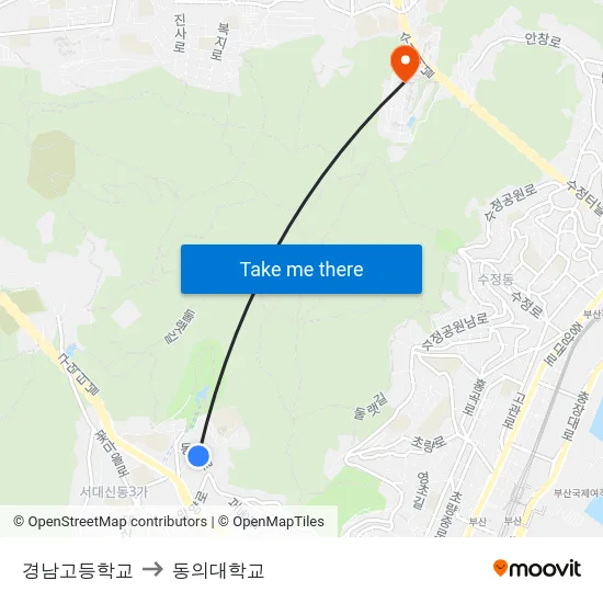 경남고등학교 to 동의대학교 map