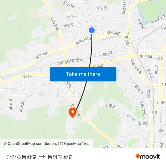 당감초등학교 to 동의대학교 map