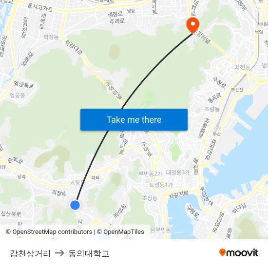 감천삼거리 to 동의대학교 map