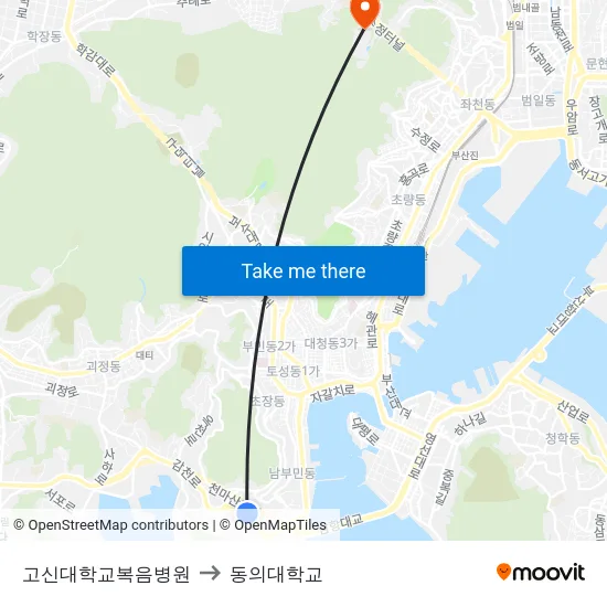고신대학교복음병원 to 동의대학교 map