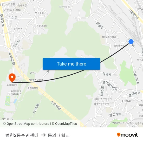 범천2동주민센터 to 동의대학교 map