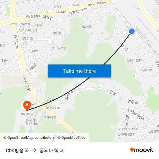 Cbs방송국 to 동의대학교 map