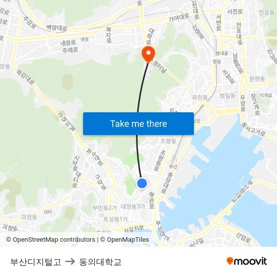 부산디지털고 to 동의대학교 map