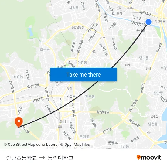 안남초등학교 to 동의대학교 map