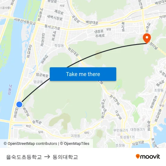 을숙도초등학교 to 동의대학교 map