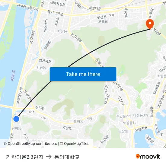 가락타운2,3단지 to 동의대학교 map