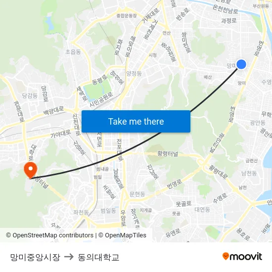 망미중앙시장 to 동의대학교 map