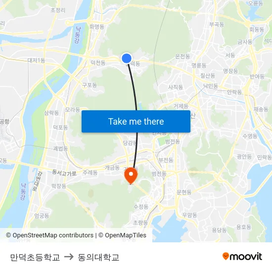 만덕초등학교 to 동의대학교 map