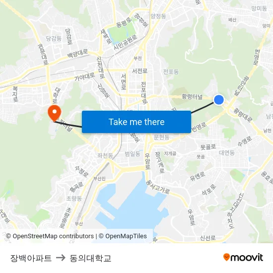 장백아파트 to 동의대학교 map