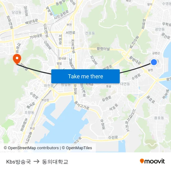 Kbs방송국 to 동의대학교 map