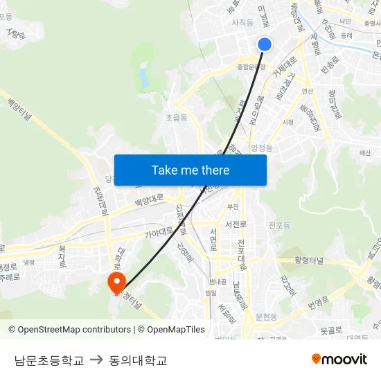 남문초등학교 to 동의대학교 map