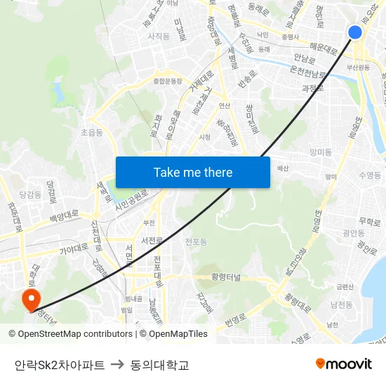 안락Sk2차아파트 to 동의대학교 map