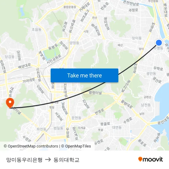 망미동우리은행 to 동의대학교 map