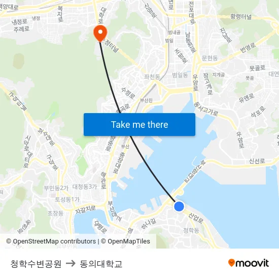 청학수변공원 to 동의대학교 map