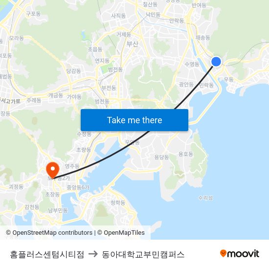 홈플러스센텀시티점 to 동아대학교부민캠퍼스 map