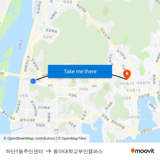 하단1동주민센터 to 동아대학교부민캠퍼스 map
