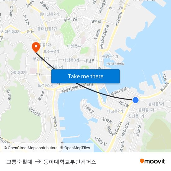 교통순찰대 to 동아대학교부민캠퍼스 map
