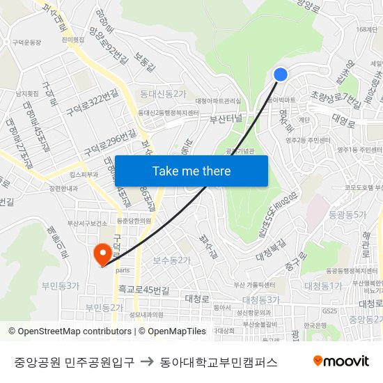 중앙공원 민주공원입구 to 동아대학교부민캠퍼스 map