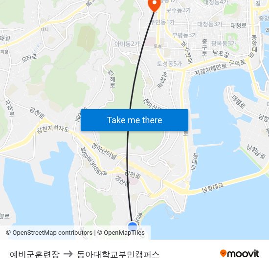 예비군훈련장 to 동아대학교부민캠퍼스 map