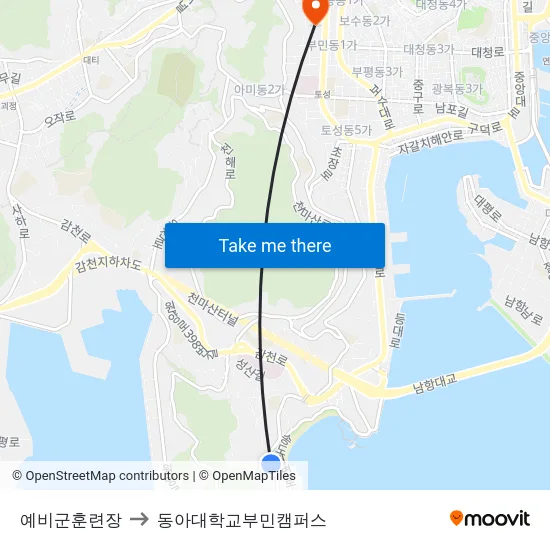 예비군훈련장 to 동아대학교부민캠퍼스 map