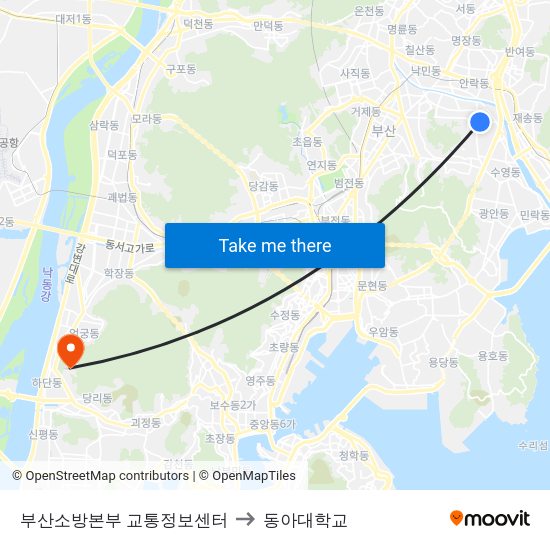 부산소방본부 교통정보센터 to 동아대학교 map