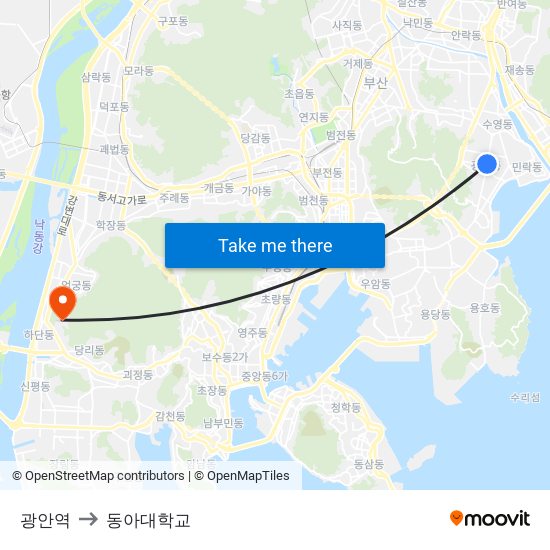 광안역 to 동아대학교 map