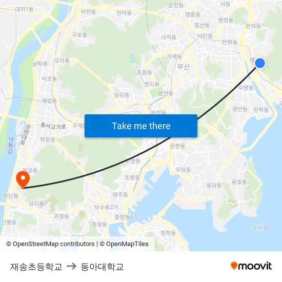 재송초등학교 to 동아대학교 map