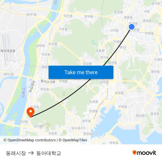 동래시장 to 동아대학교 map