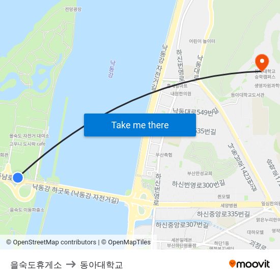 을숙도휴게소 to 동아대학교 map