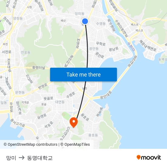 망미 to 동명대학교 map