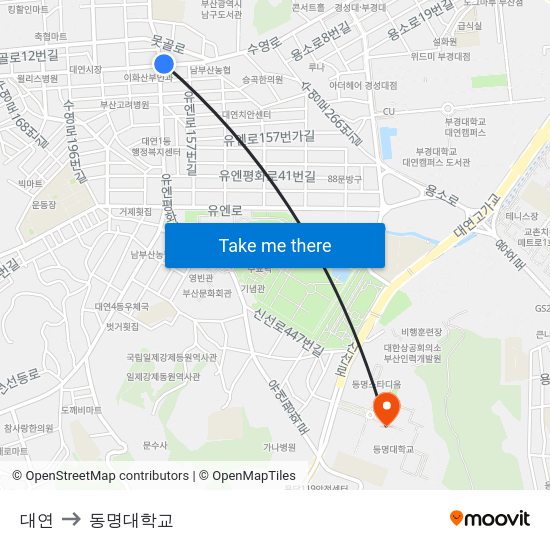 대연 to 동명대학교 map
