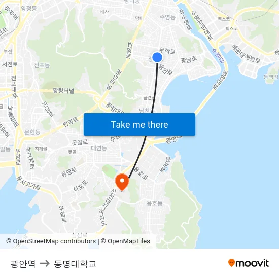 광안역 to 동명대학교 map