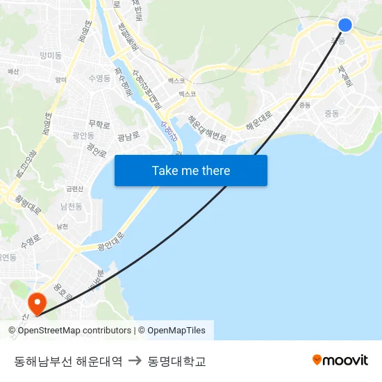 동해남부선 해운대역 to 동명대학교 map