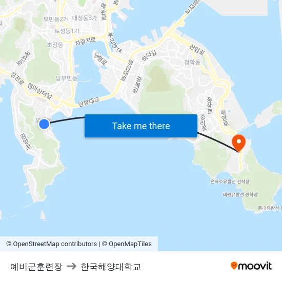 예비군훈련장 to 한국해양대학교 map