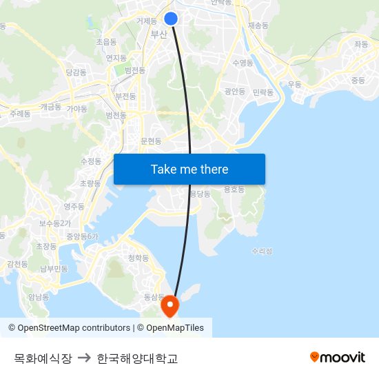 목화예식장 to 한국해양대학교 map