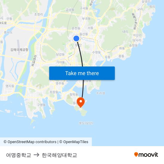 여명중학교 to 한국해양대학교 map