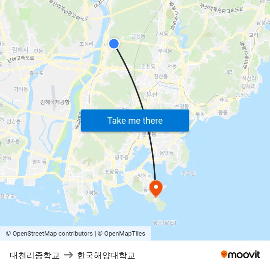 대천리중학교 to 한국해양대학교 map