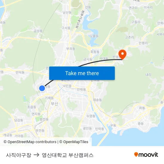 사직야구장 to 영산대학교 부산캠퍼스 map