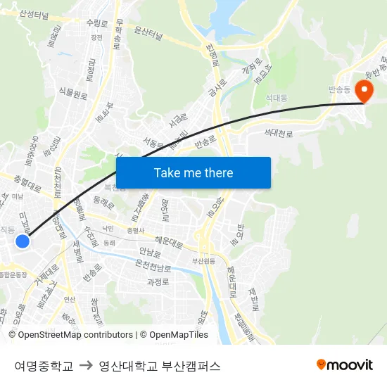 여명중학교 to 영산대학교 부산캠퍼스 map