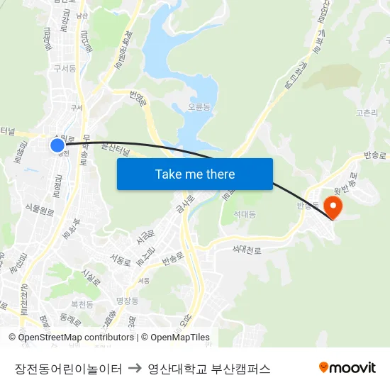 장전동어린이놀이터 to 영산대학교 부산캠퍼스 map