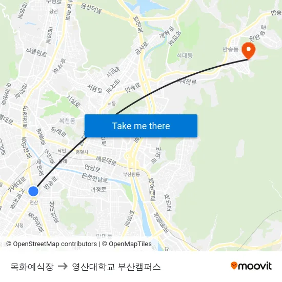목화예식장 to 영산대학교 부산캠퍼스 map